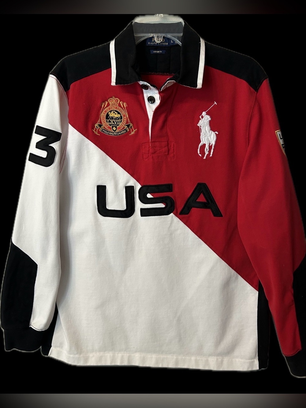 Ralph Lauren Red White Black USA Diagonal Rugby Polo